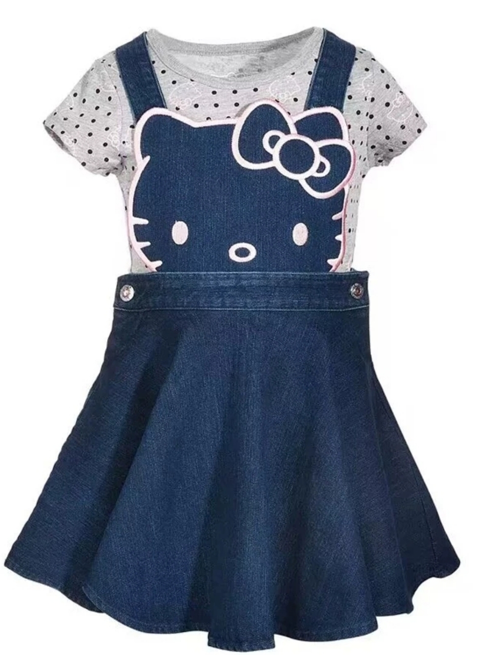 Hello Kitty Licensed Denim Pinafore Dress with Polka Dot Tee Size 6X/6T
